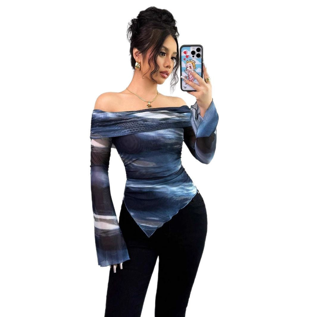Damen nan schulterfreies Mesh-Wickeltop mit asymmetrischem Zipfelsaum und langen ausgestellten Ärmeln Drune