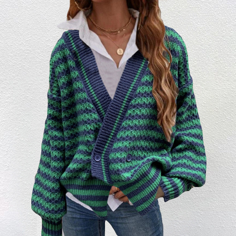 Damen Grobstrick Cardigan mit V-Ausschnitt und modernen Streifen Drune