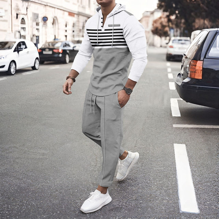 Herren nan Henley-Kapuzen-Lounge-Set mit Streifenpasse, Halbknopfleiste und konischer Jogginghose Drune