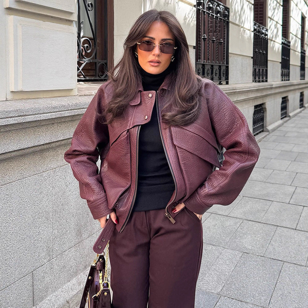 Damen Kunstlederjacke mit modischem Schnitt und praktischen Taschen Drune