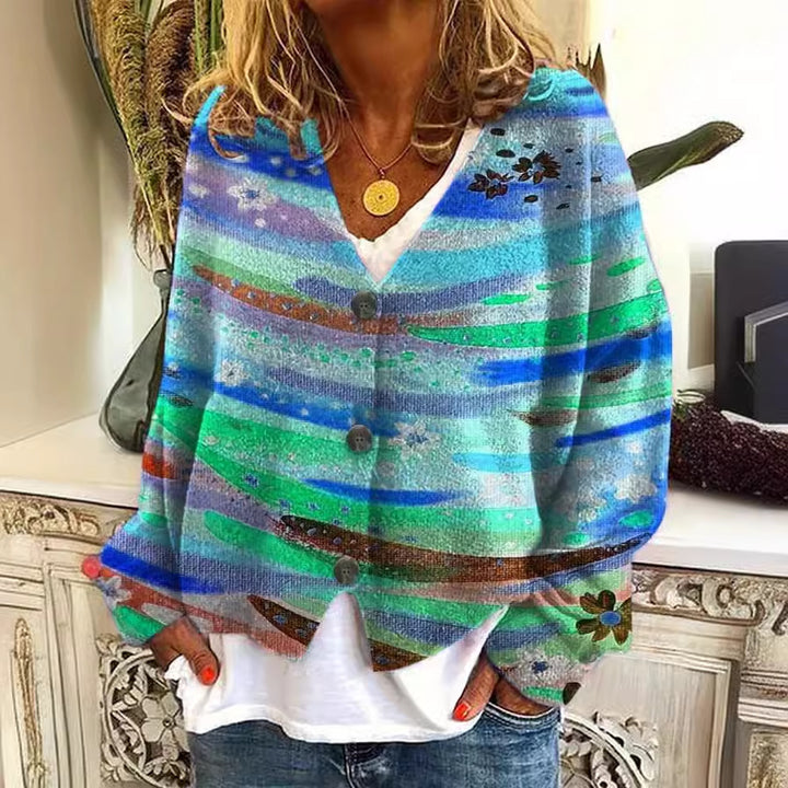 Damen lässiger Strickcardigan mit bunten Streifen und Knopfdetails Drune