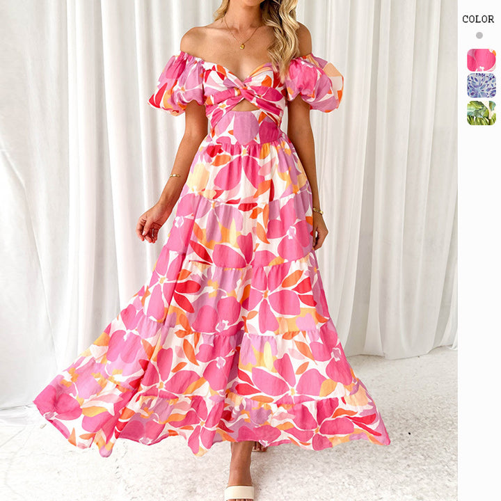 Damen Maxikleid mit voluminösen Puffärmeln und floralem Muster Drune