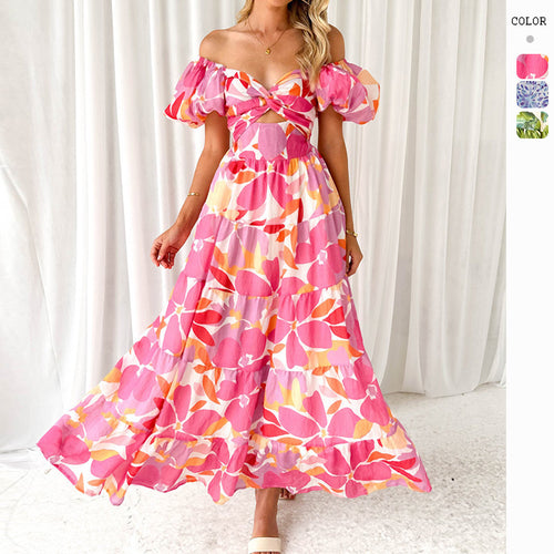 Damen Maxikleid mit voluminösen Puffärmeln und floralem Muster Drune
