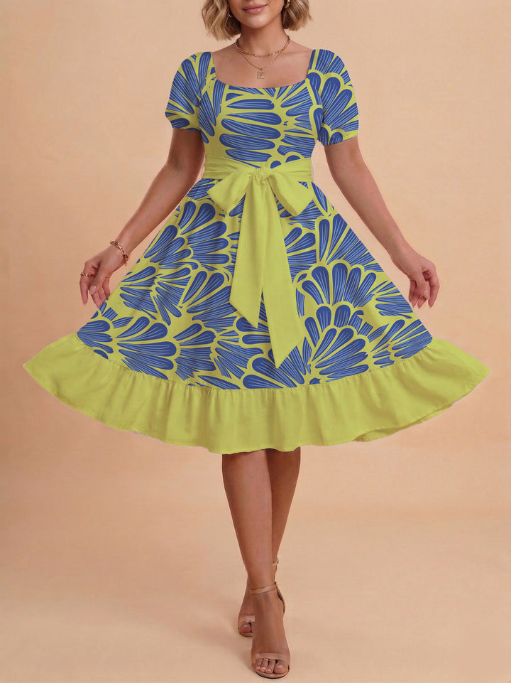 Damen A-Linien-Kleid mit floralen Motiven und taillierbarem Gürtel Drune