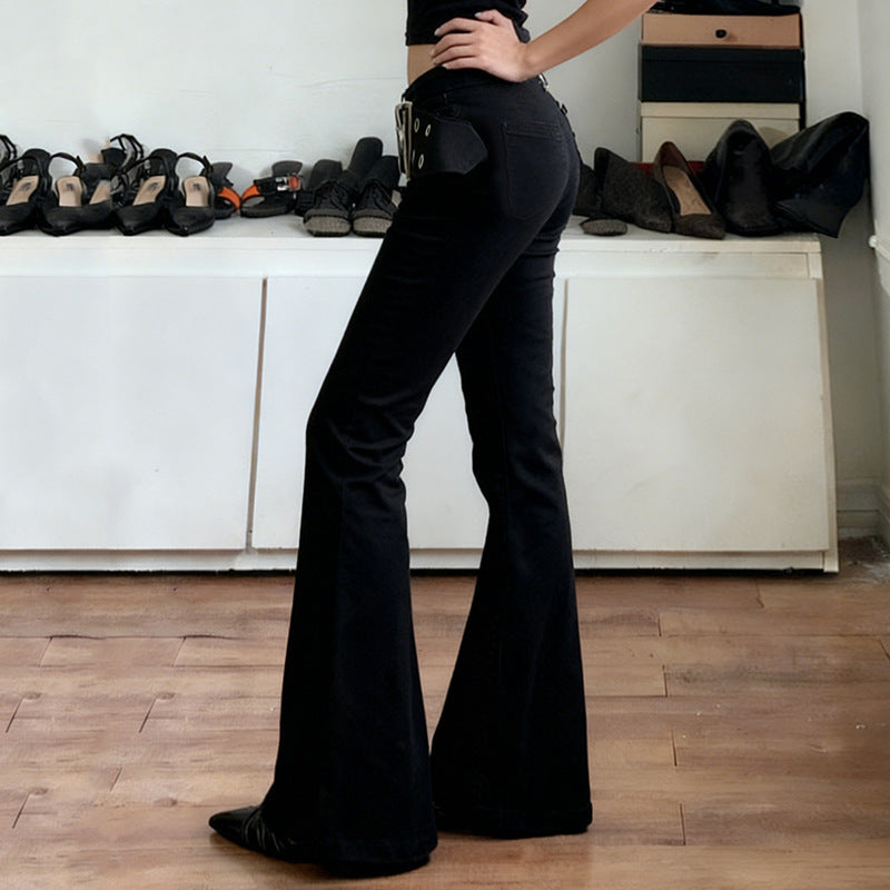 Damen Flared Jeans mit verstellbarem Gürtel und modischem Lochdesign Drune