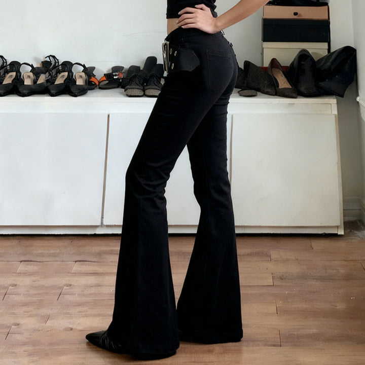 Damen Flared Jeans mit verstellbarem Gürtel und modischem Lochdesign Drune