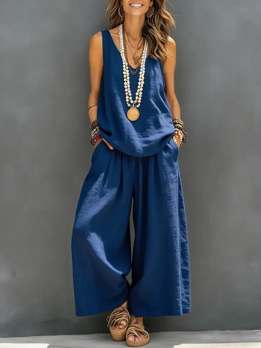 Damen Lockere Sommerbluse mit weitem Schnitt und hochtaillierter Hose Drune