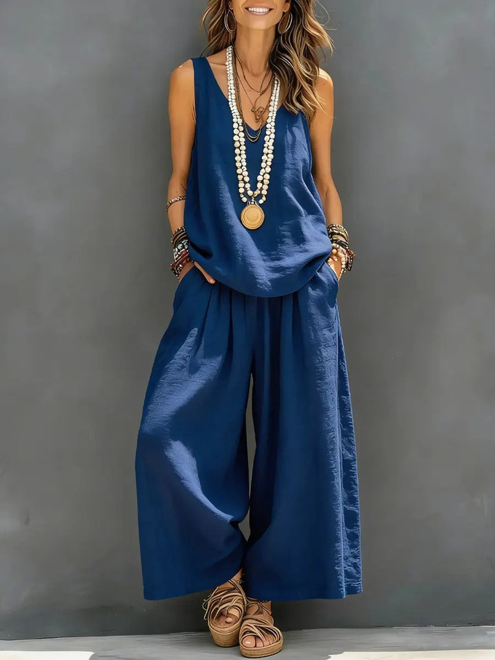 Damen Lockere Sommerbluse mit weitem Schnitt und hochtaillierter Hose Drune