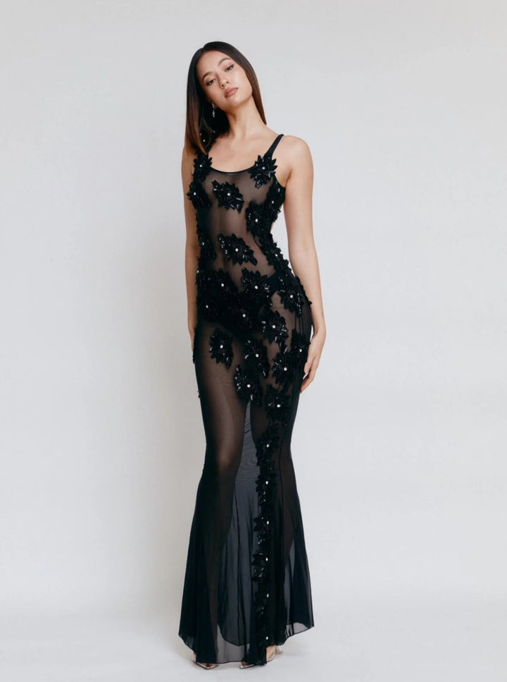 Damen Glamouröses Abendkleid mit floralen Paillettenverzierungen Drune