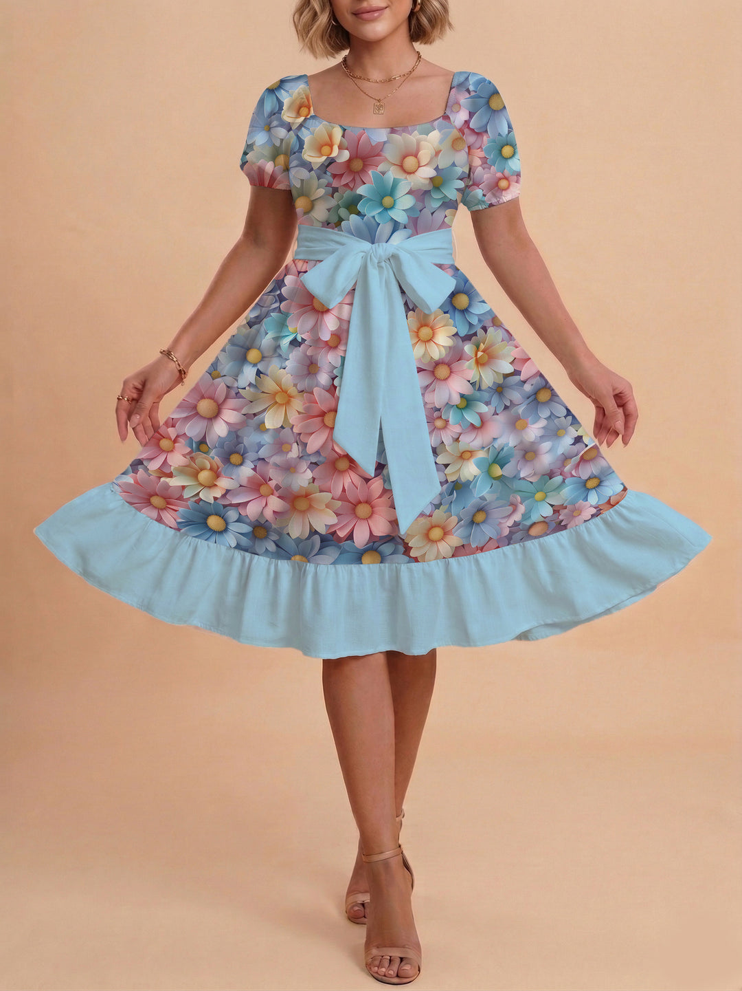 Damen Midi Kleid mit elegantem Blumendruck und tailliertem Gürtel Drune