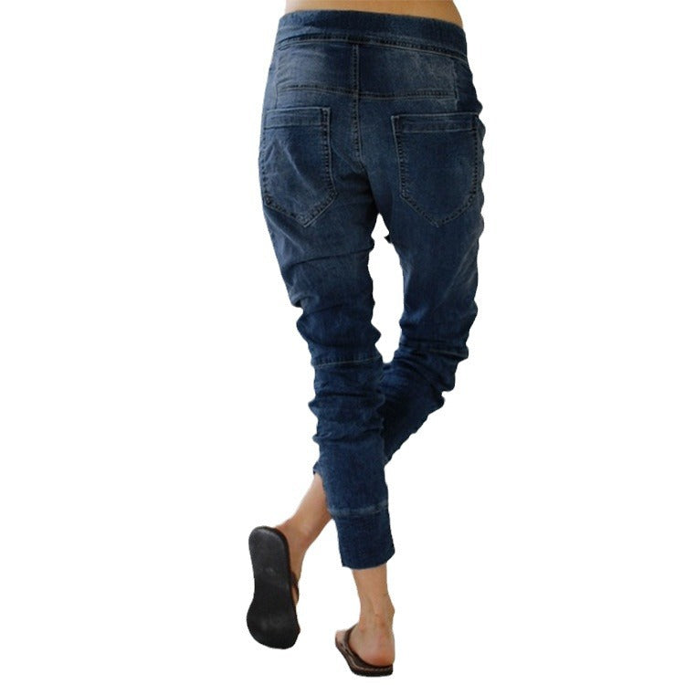 Damen lässige Denim-Haremshose mit Gummizug und tiefem Schritt Drune