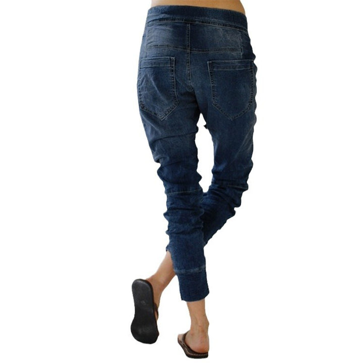 Damen lässige Denim-Haremshose mit Gummizug und tiefem Schritt Drune