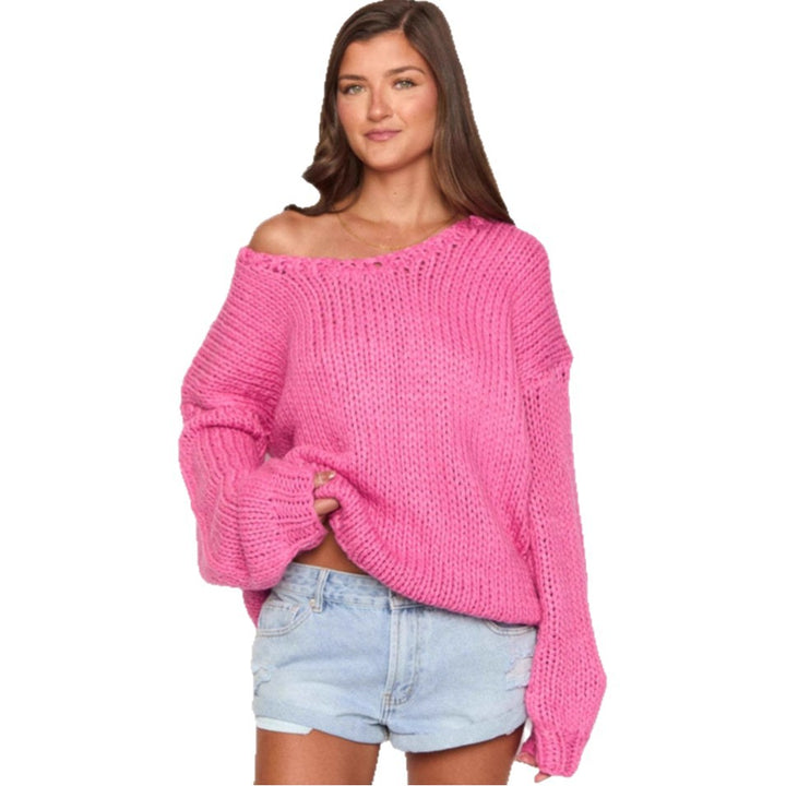 Damen oversized Strickpullover mit offenen Schultern und voluminösen Ärmeln Drune