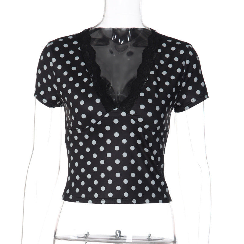 Damen Polka-Dot Top mit Spitzenakzenten und taillierter Passform Drune