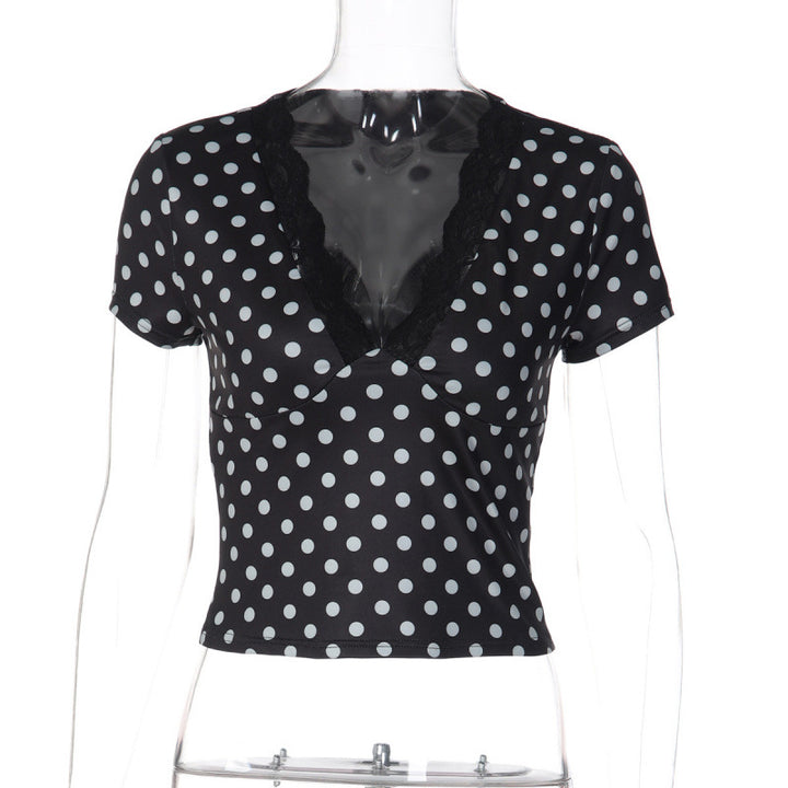 Damen Polka-Dot Top mit Spitzenakzenten und taillierter Passform Drune
