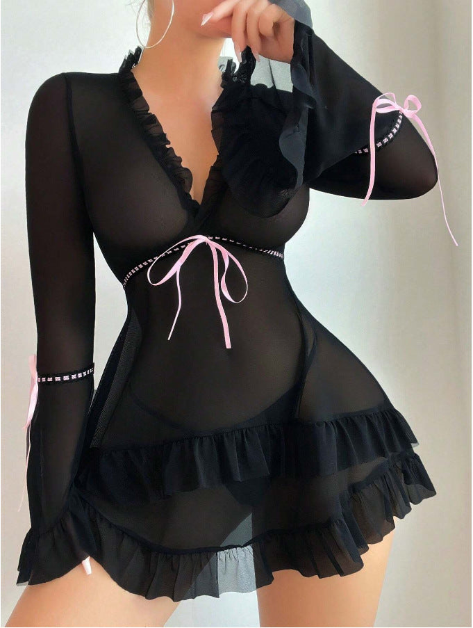 Damen transparentes Strandkleid mit voluminösen Rüschen und langen Ärmeln Drune