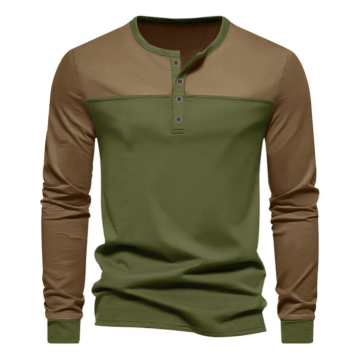 Herren nan zweifarbiges Langarmshirt im Henley-Stil mit Schulterpasse, kurzer Knopfleiste und Rippbündchen Drune