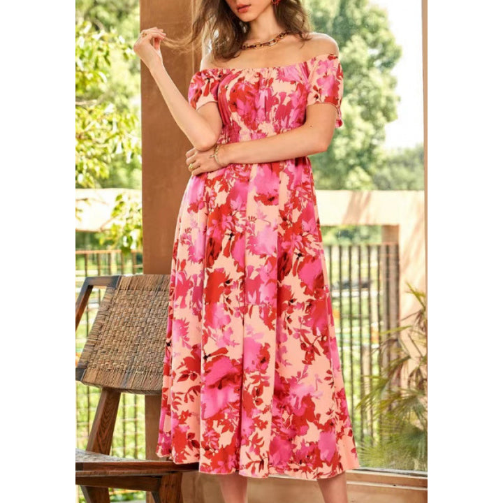 Damen Off-Shoulder Midikleid im floralen Design mit elastischem Oberteil und voluminösem Rock Drune