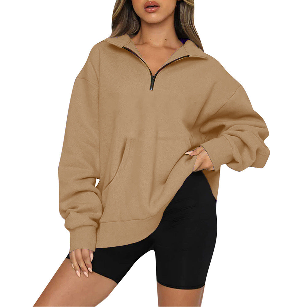 Damen nan Oversize-Halbzip-Kapuzenpullover mit Kängurutasche und verlängertem Saum Drune