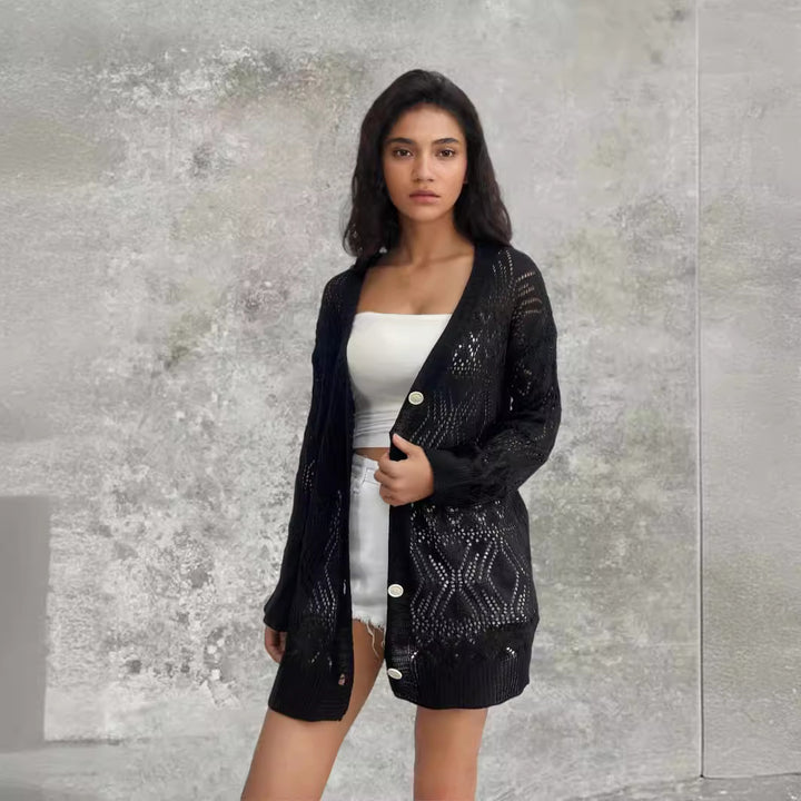 Damen Strickjacke mit perforiertem Muster und Knopfverschluss Drune