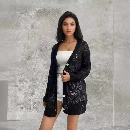 Damen Strickjacke mit perforiertem Muster und Knopfverschluss Drune