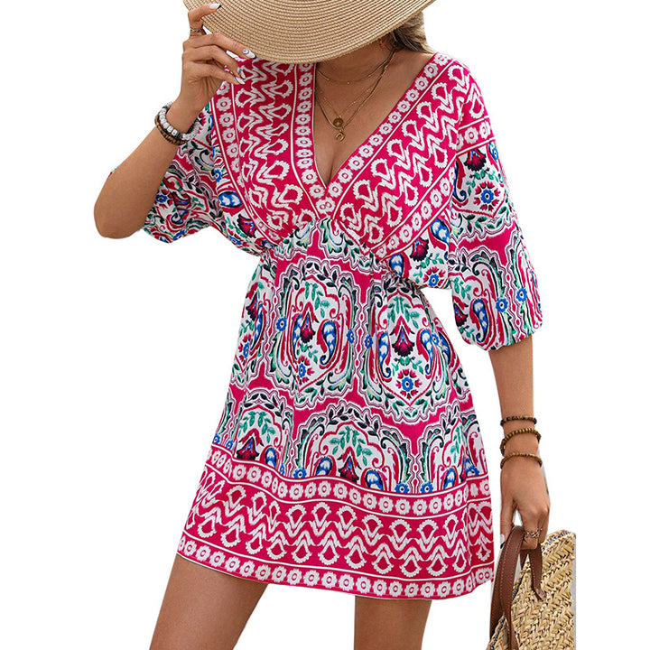 Damen Boho-Kleid mit weiten Ärmeln und detailverliebt floralen Mustern Drune