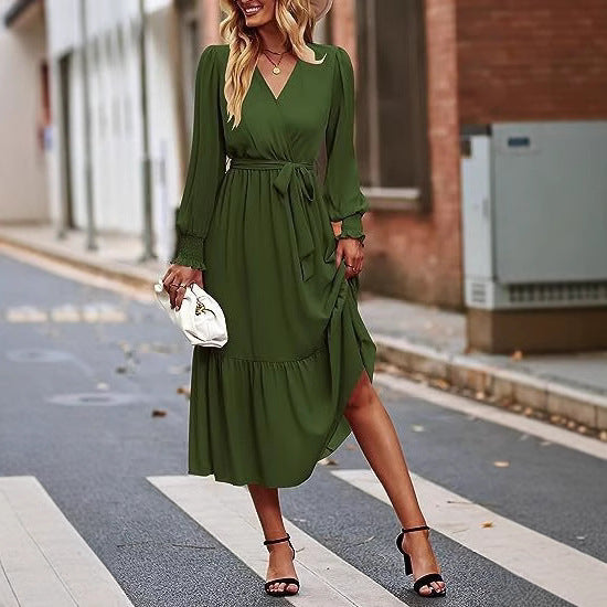 Damen Midi-Kleid mit elegantem V-Ausschnitt und Bindegürtel Drune