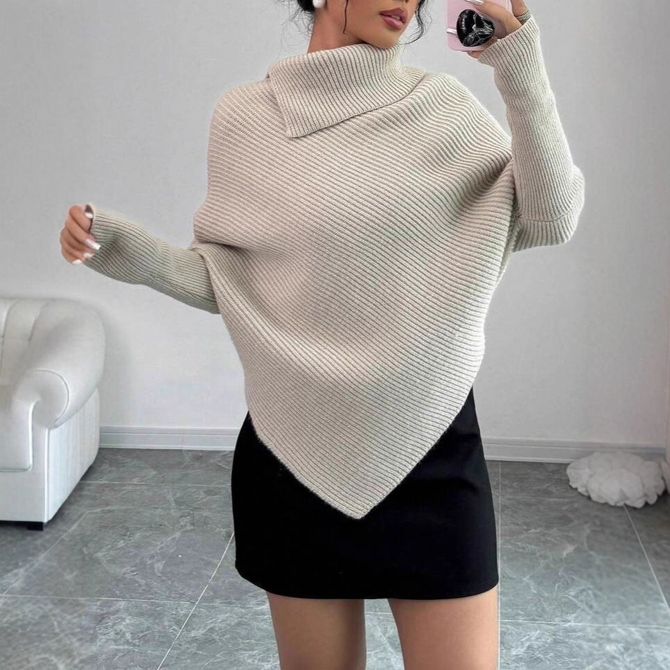 Damen Oversized Strickpullover mit asymmetrischem Saum und hohem Kragen Drune