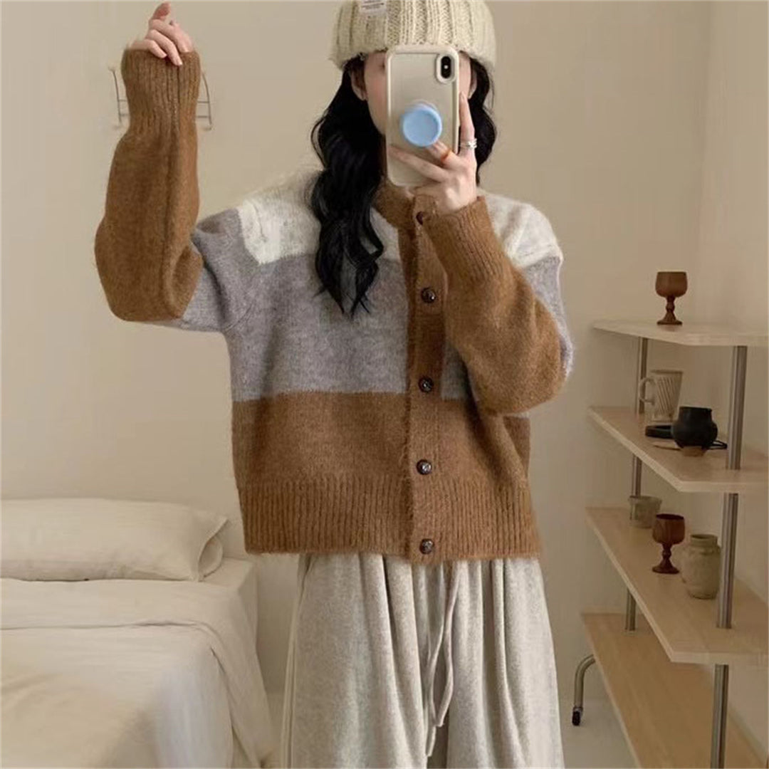 Damen Gemütlicher Strickcardigan mit Knopfverschluss und kontrastierenden Farbstreifen Drune