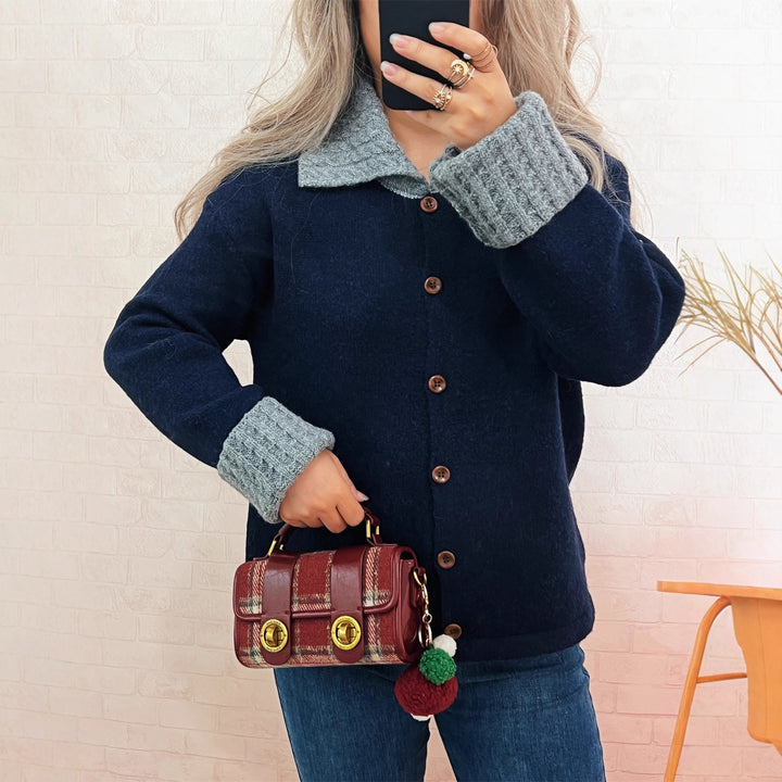 Damen lässige Strickjacke mit breitem Kragen und Knopfdetails Drune