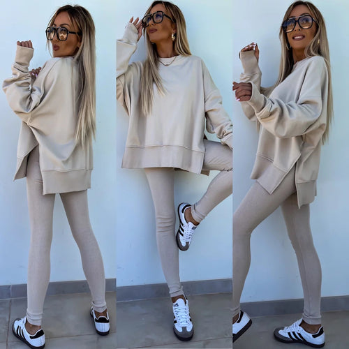 Damen nan Oversize Sweatshirt mit taillierten Rib-Leggings Set Drune
