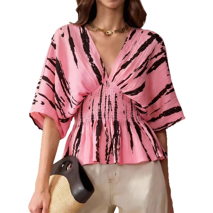 Damen lässige Bluse mit tiefem V-Ausschnitt und Raffung Drune