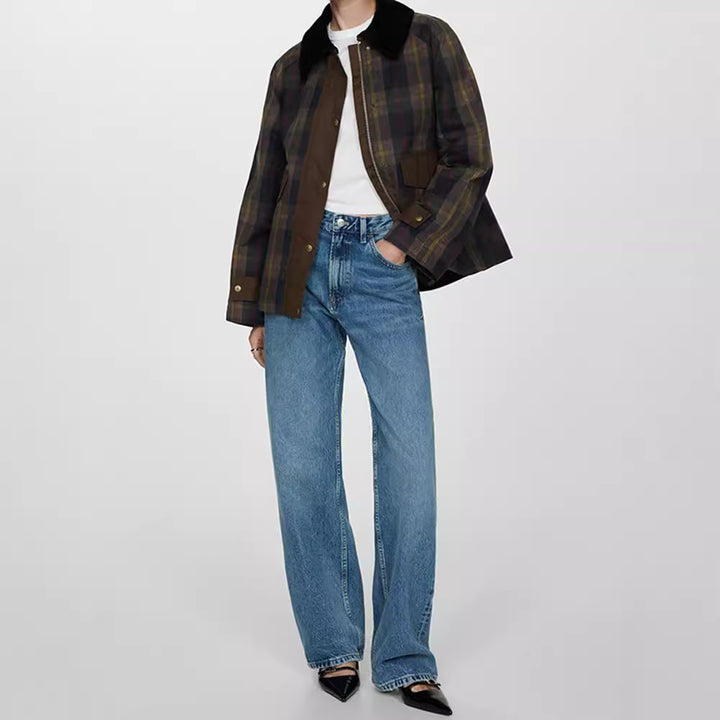 Damen Karierte Jacke mit weichem Cordkragen Drune