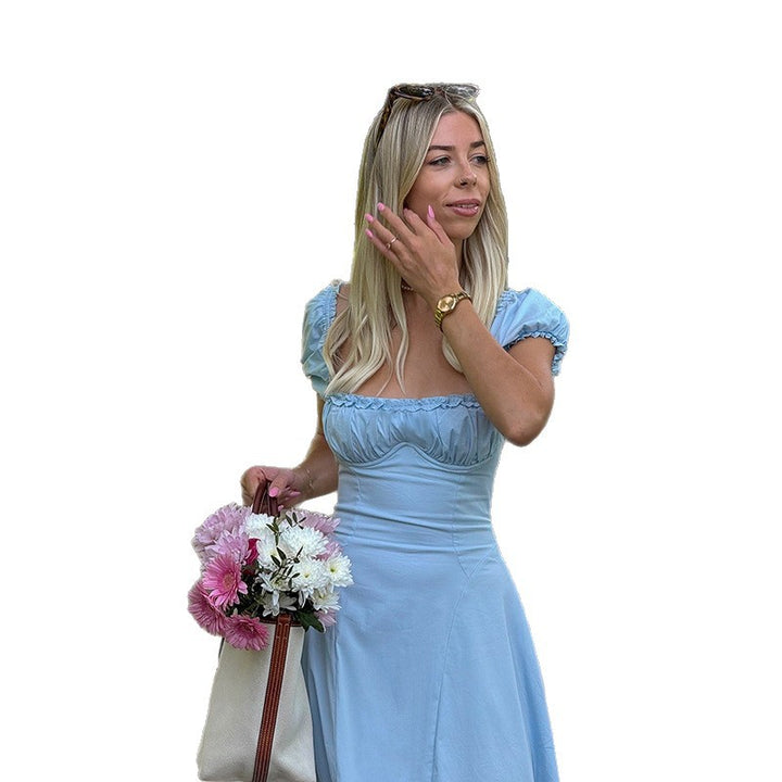Damen Maxi-Kleid mit voluminösen Puffärmeln und elastischem Ausschnitt Drune