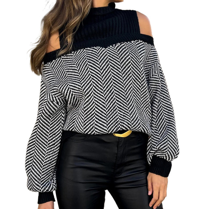Damen trendiger Pullover mit Schulterauschnitt und modernem Zickzackmuster Drune