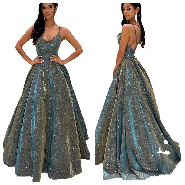Drune | Damen Spaghettiträger V-Ausschnitt A-Linie Glitzer Maxikleid