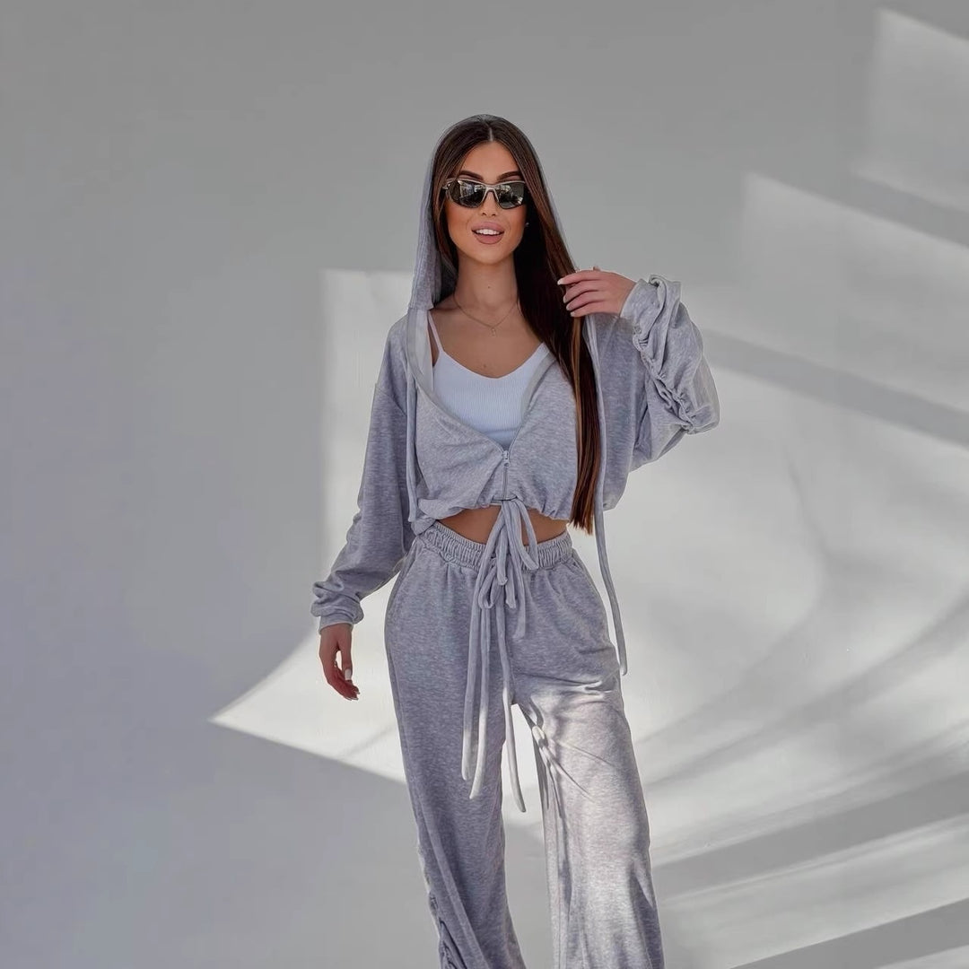 Damen Komfortables Lounge-Set mit lässigem Crop-Hoodie und weitem Hosen Drune