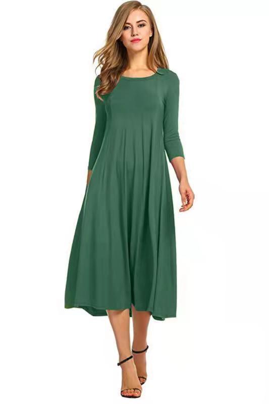 Drune | Quadrat-Ausschnitt 3/4-Lange Uni-Farbe Midi-Kleid
