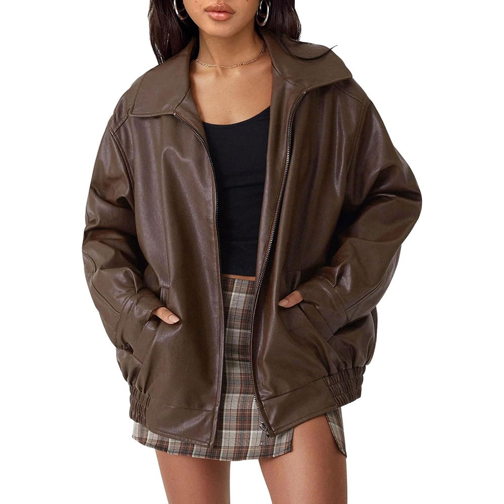 Damen lässige Kunstlederjacke mit weitem Schnitt und praktischen Taschen Drune