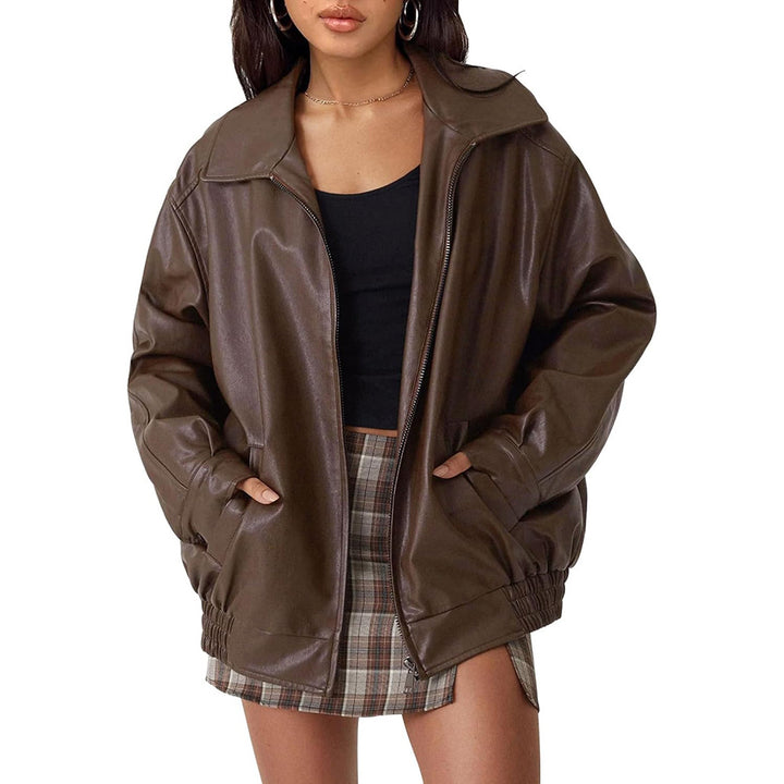 Damen lässige Kunstlederjacke mit weitem Schnitt und praktischen Taschen Drune