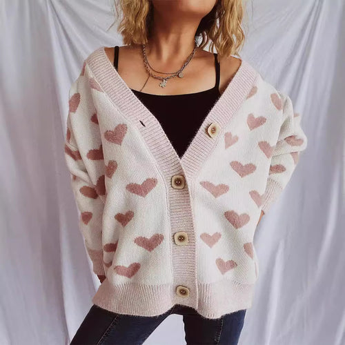 Damen Strickjacke mit herzförmigem Muster und Knopfdetails Drune