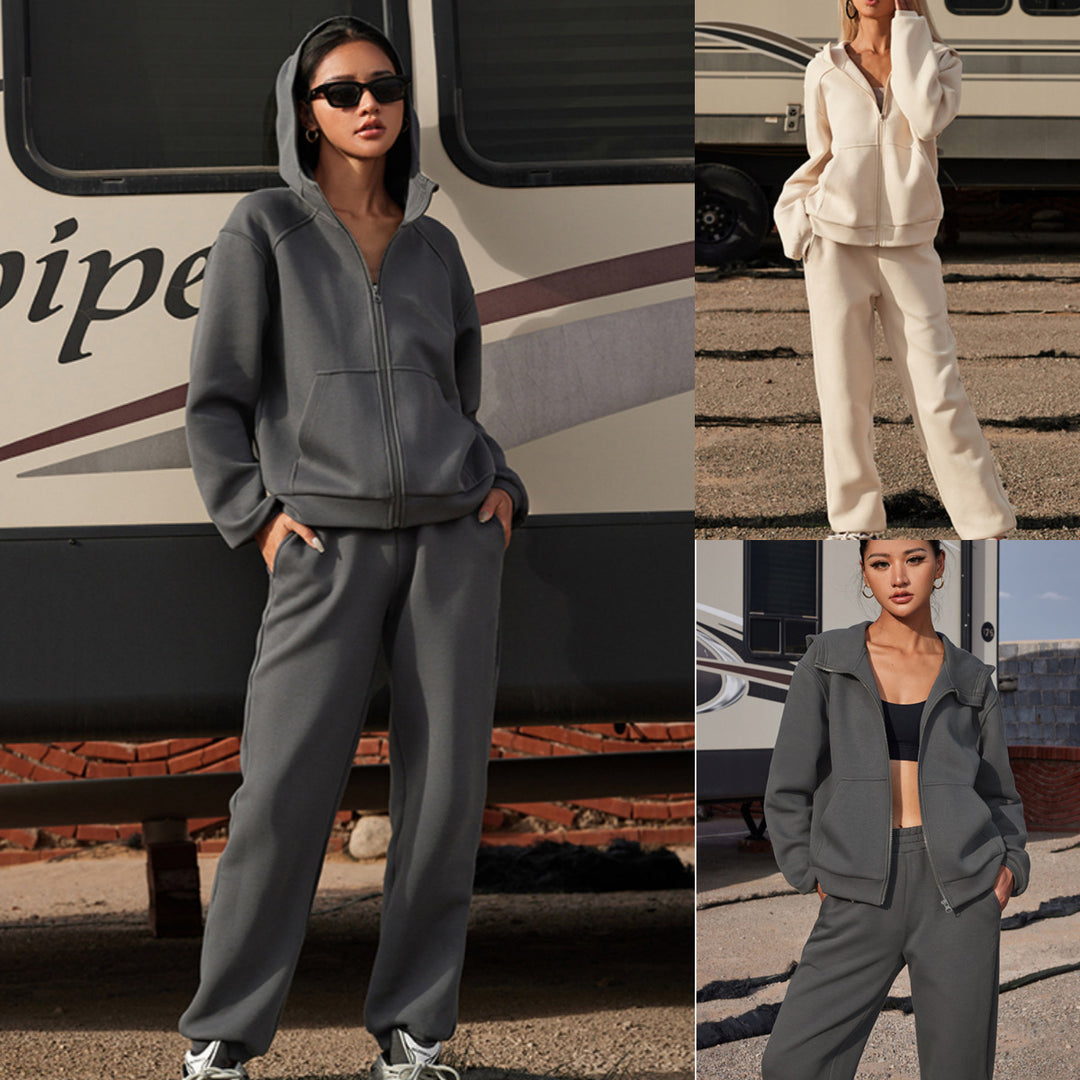 Damen nan athletisches Freizeit-Set mit Zip-Hoodie im Oversize-Schnitt und taillenhoher Komfort-Jogginghose Drune