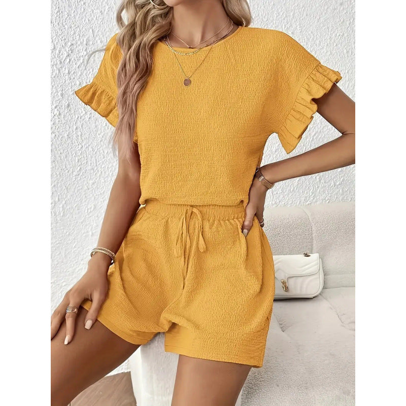Damen lässiger Shortsanzug mit Rüschendetails und elastischem Taillenzug Drune