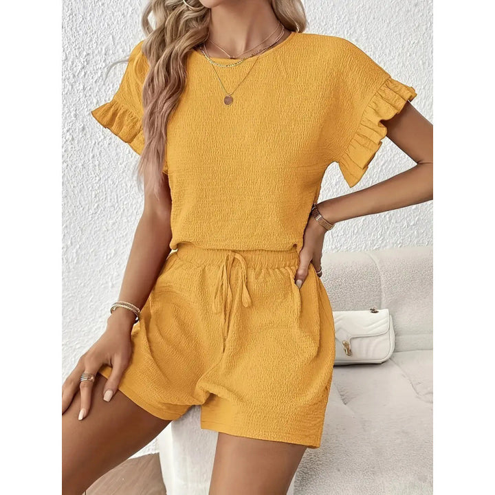 Damen lässiger Shortsanzug mit Rüschendetails und elastischem Taillenzug Drune