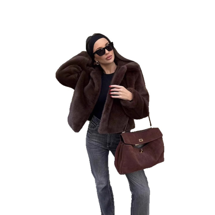 Damen stilvolle Kunstfelljacke mit modischem Revers Drune