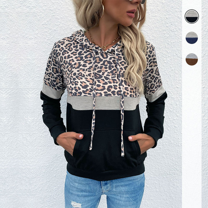 Damen sportlicher Kapuzenpullover mit modischem Tiermuster und kontrastierenden Farbblöcken Drune