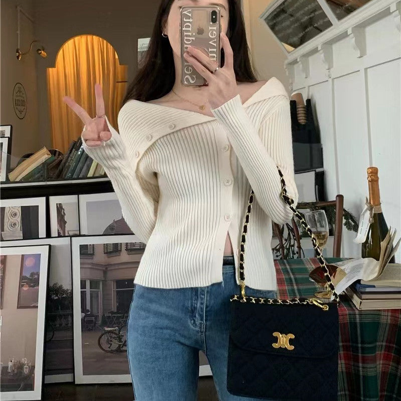 Damen feiner Strickcardigan mit modischem Kragen Drune