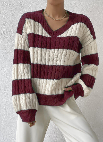 Damen Grobstrickpullover mit modischem V-Ausschnitt und buntem Streifenmuster Drune