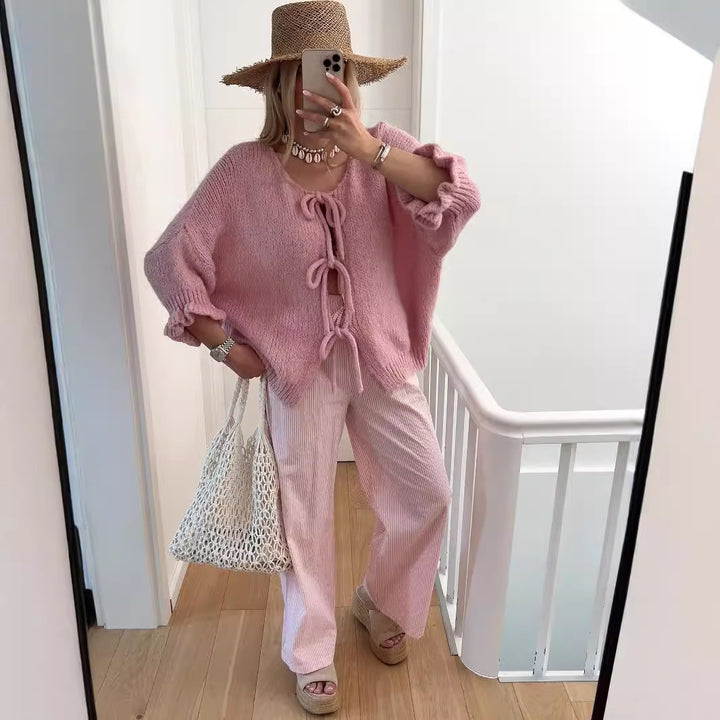 Damen lässiger Cardigan mit verspielten Schnürdetails und kurzen Ärmeln Drune