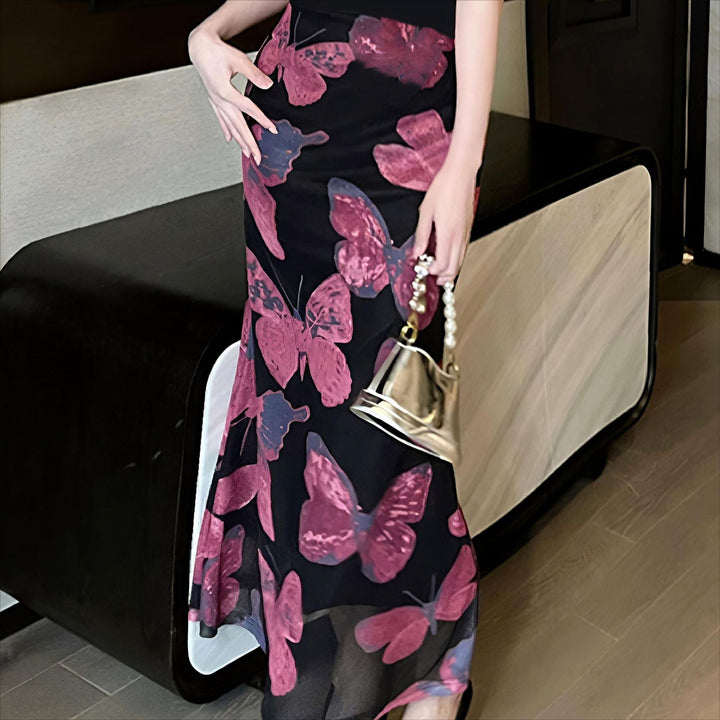 Damen Elegantes Maxikleid mit floralen Schmetterlingsmustern und transparentem Saum Drune